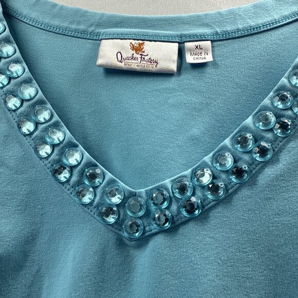 Quacker Factory Women's Top XL Solid Blue Stone Embellished V Neck 3/4 Sleeves - Picture 7 of 9